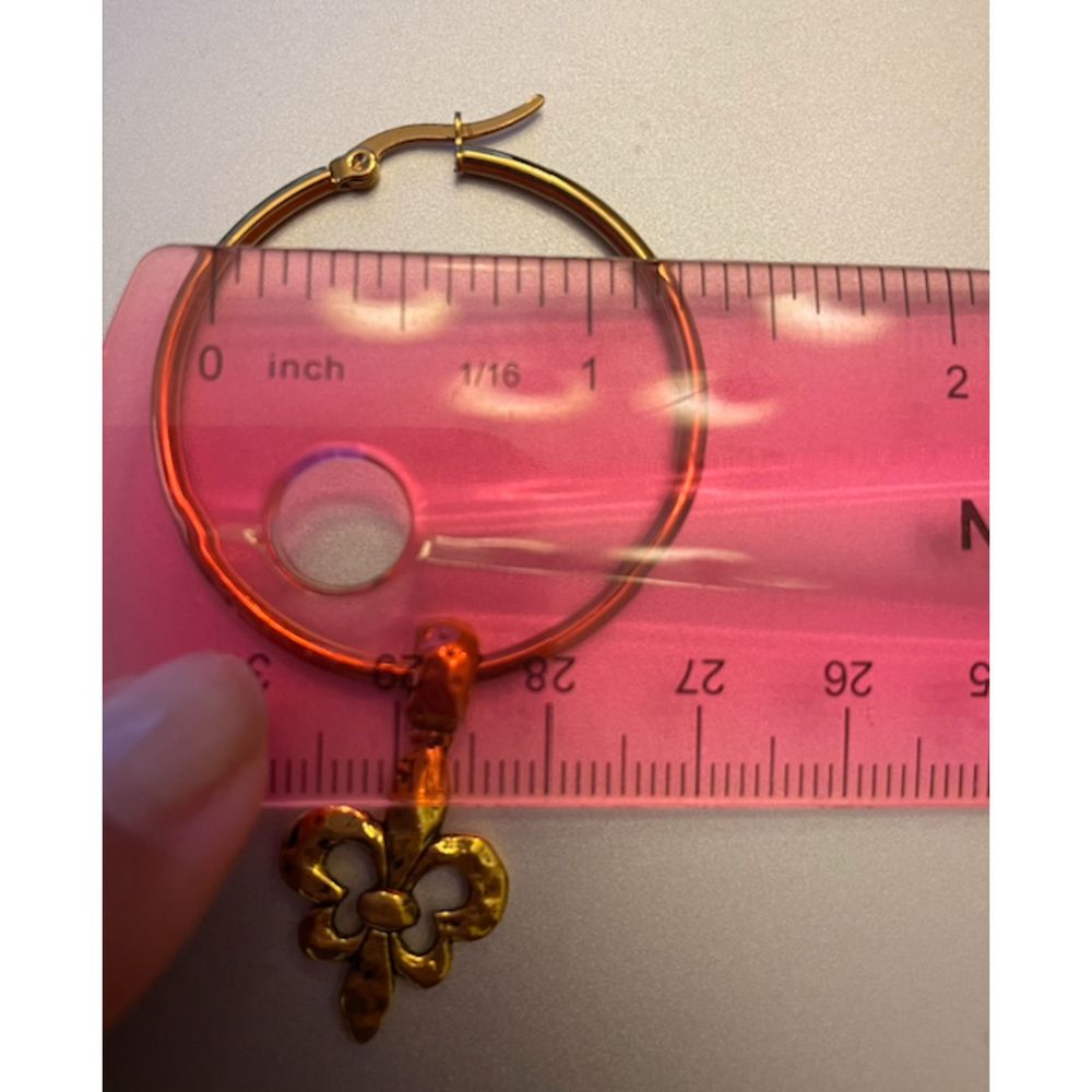 Gold Hoop Earrings with Fleur de Lis Hammered Gold Charms - Picture 4 of 4